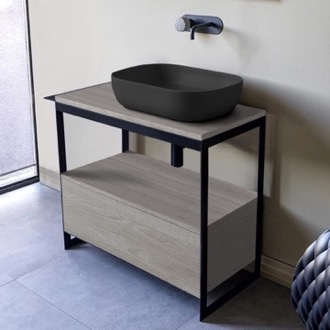 Console Bathroom Vanity Console Sink Vanity With Matte Black Vessel Sink and Grey Oak Drawer, 35